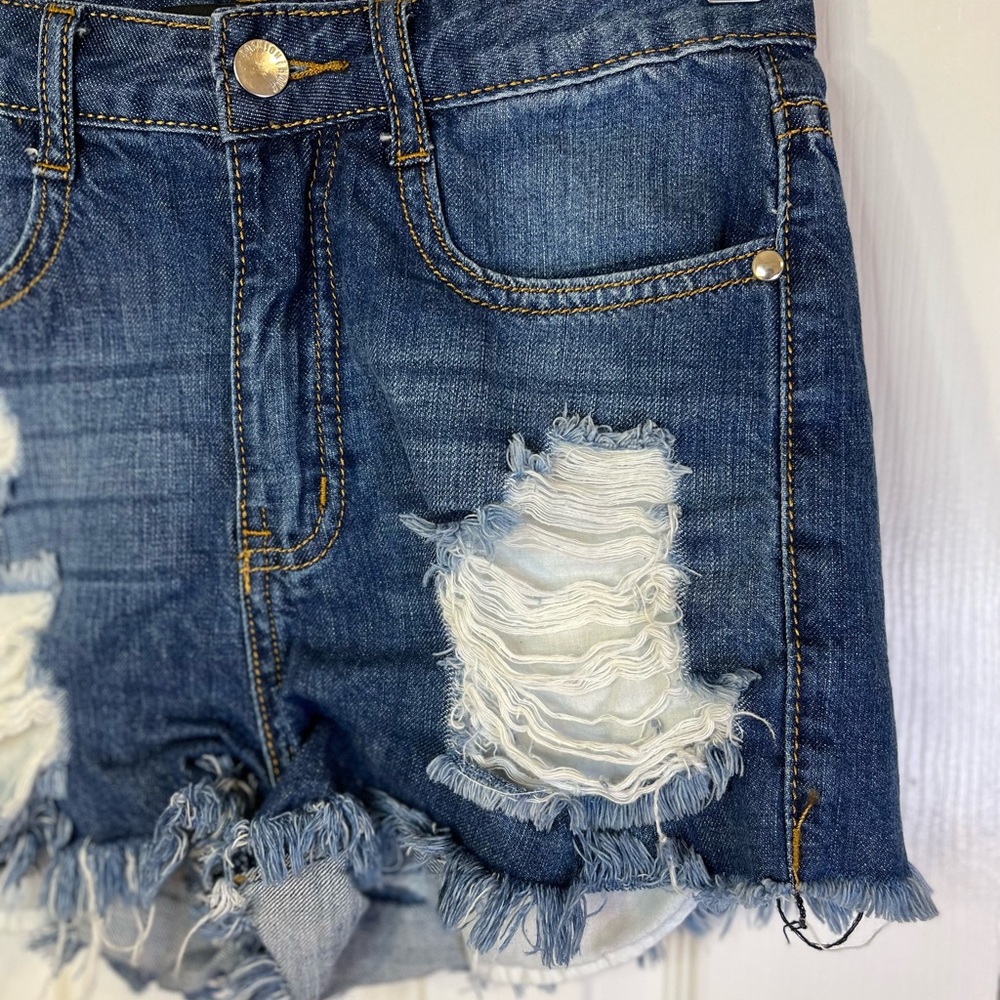 Fashion Nova Distressed Medium Wash High-Rise Jean Shorts - Picture 2 of 6